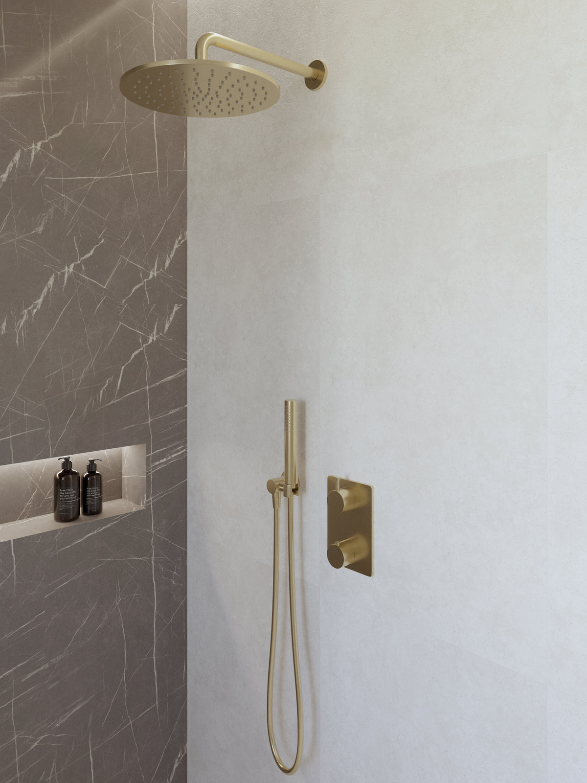 Caral inbouwthermostaat compleet met hoofddouche 30cm en staafhanddouche Geborsteld messing