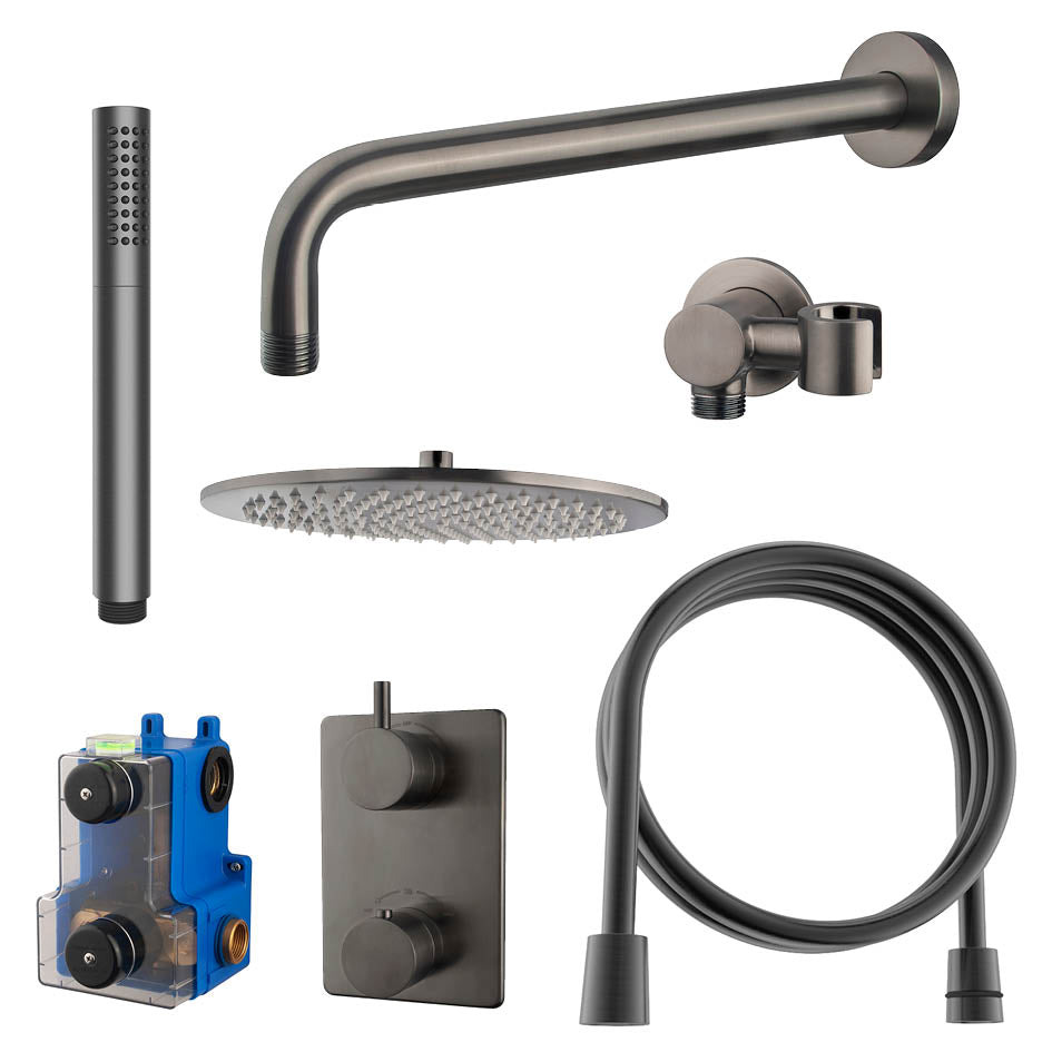 Caral inbouwthermostaat compleet met hoofddouche 30 cm en staafhanddouche gunmetal - WDtegels
