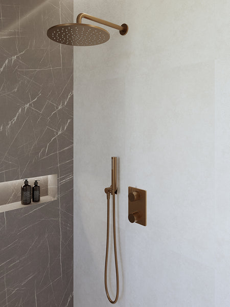 Caral built-in thermostat complete with 30 cm overhead shower and brushed bronze copper rod hand shower