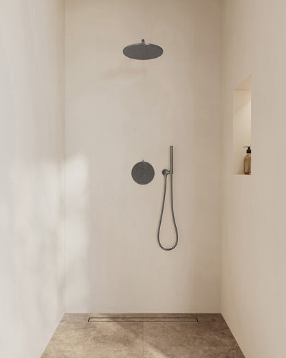 Caral inbouwthermostaat 2 weg rond compleet met hoofddouche 30cm en staafhanddouche Gunmetal
