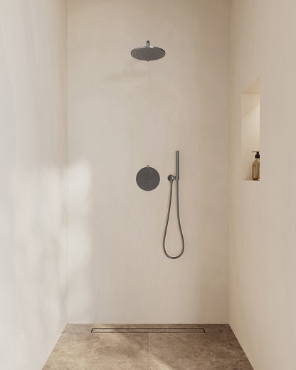 Caral inbouwthermostaat 2 weg rond compleet met hoofddouche 25cm en staafhanddouche Gunmetal