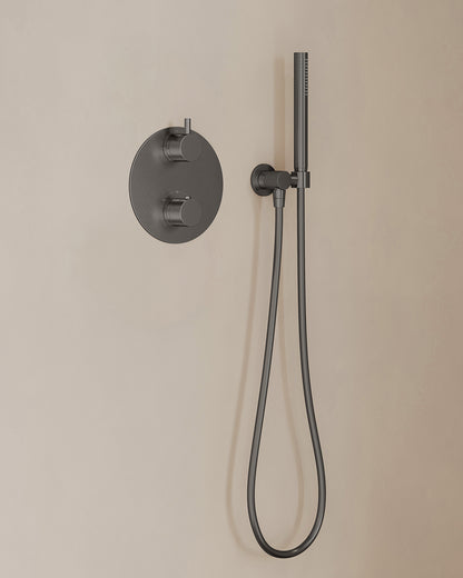Caral inbouwthermostaat 2 weg rond compleet met hoofddouche 25cm en staafhanddouche Gunmetal - detailfoto