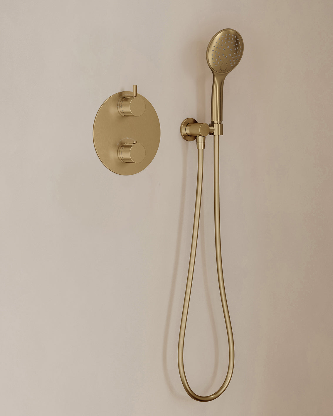 Caral inbouwthermostaat 2 weg rond compleet met hoofddouche 25cm en handdouche 3 standen Geborsteld messing - detailfoto