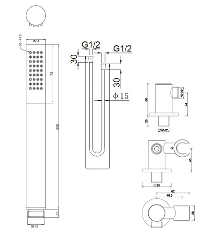 Maattekening UniMatch handdoucheset met staafhanddouche 1 stand, doucheslang en wandaansluitbocht Geborsteld messing/mat zwart