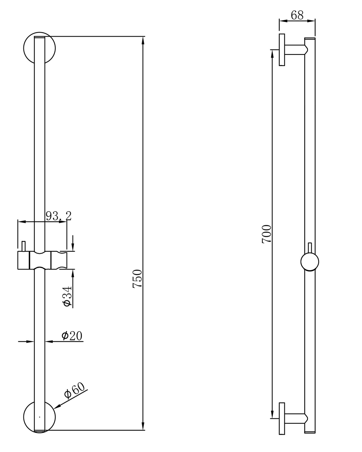 Maattekening UniMatch glijstang 75cm Geborsteld staal PVD