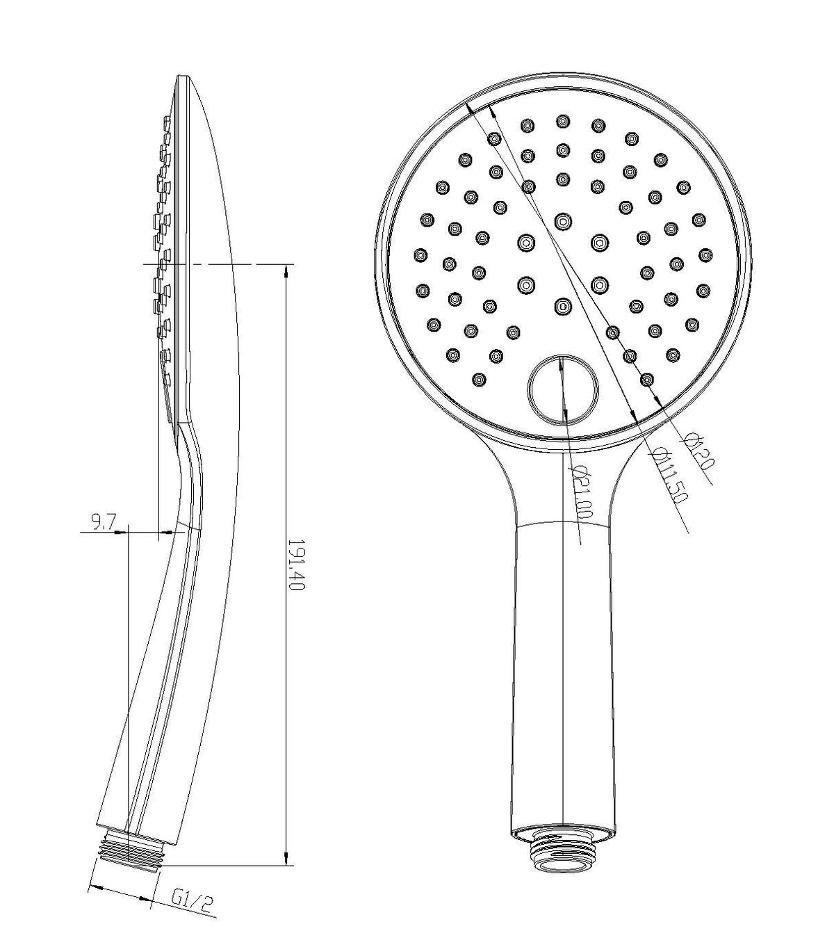 Maattekening UniMatch glijstangset compleet met handdouche 3 standen Ø12cm Geborsteld brons koper - tekening 2