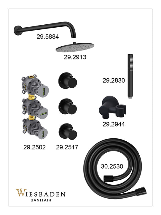 Caral inbouwthermostaat 2 stopkranen compleet met hoofddouche 25cm en staafhanddouche Mat zwart - sfeerbeeld