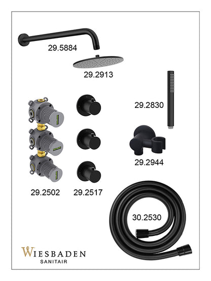 Caral inbouwthermostaat 2 stopkranen compleet met hoofddouche 25cm en staafhanddouche Mat zwart - sfeerbeeld