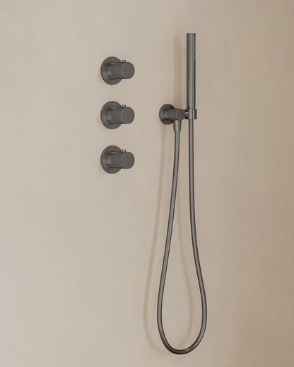 Caral inbouwthermostaat 2 stopkranen compleet met hoofddouche 25cm en staafhanddouche Gunmetal - detailfoto
