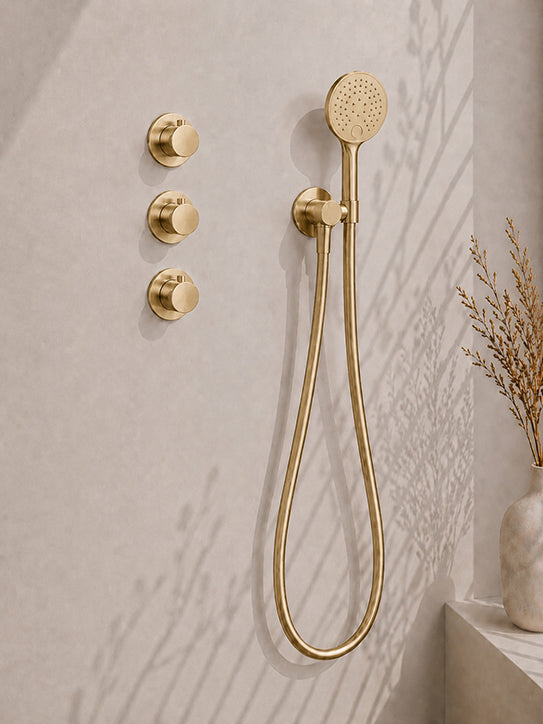 Caral inbouwthermostaat 2 stopkranen compleet met hoofddouche 25cm en handdouche 3 standen Geborsteld messing - detailfoto