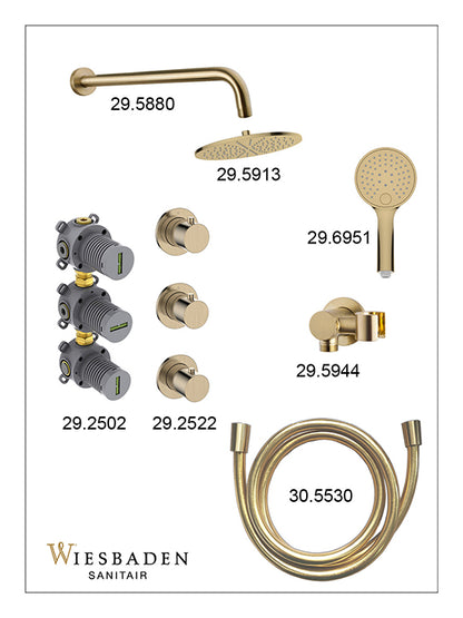 Caral inbouwthermostaat 2 stopkranen compleet met hoofddouche 25cm en handdouche 3 standen Geborsteld messing - sfeerbeeld
