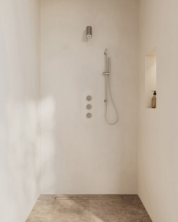 Caral concealed thermostat with 2 shut-off valves | Beam overhead shower, sliding rail and bar hand shower | Brushed steel