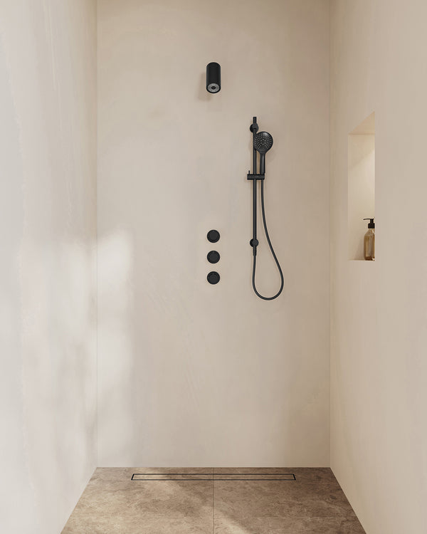 Caral concealed thermostat with 2 shut-off valves | Beam rain shower, sliding rail and 3-setting hand shower | Matte black