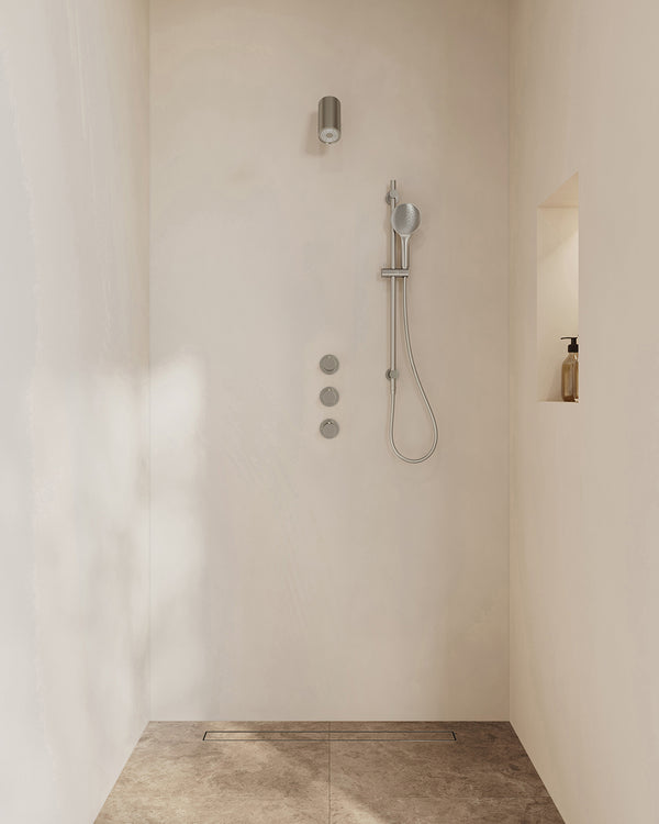 Caral concealed thermostat with 2 shut-off valves | Beam rain shower, sliding rail and 3-setting hand shower | Brushed steel