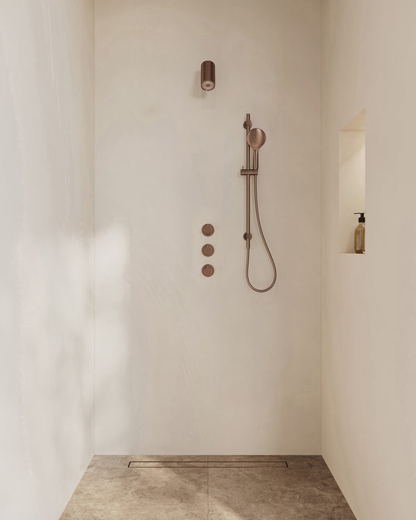 Caral concealed thermostat with 2 shut-off valves | Beam rain shower, sliding rail and 3-setting hand shower | Brushed bronze copper