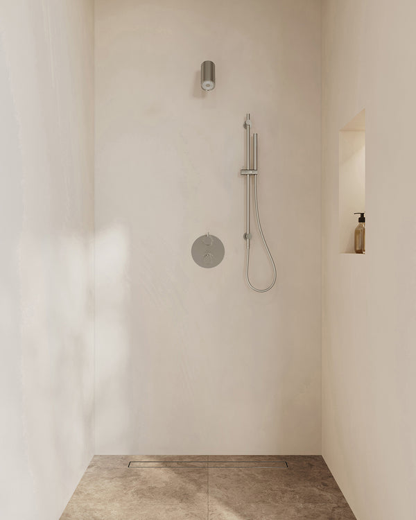 Caral concealed 2-way round thermostat | Beam rain shower, sliding rail and bar hand shower | Brushed steel