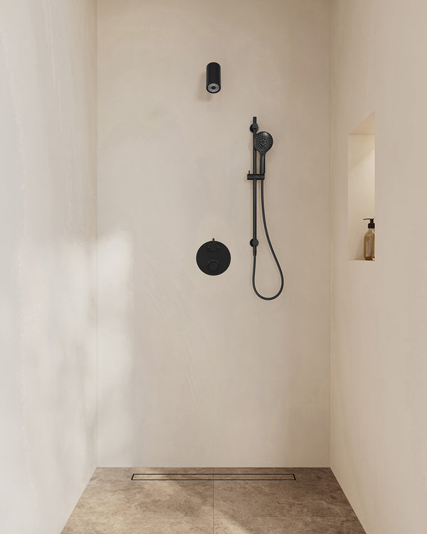 Caral concealed thermostatic 2-way round | Beam overhead shower, shower rail and 3-setting hand shower | Matte black