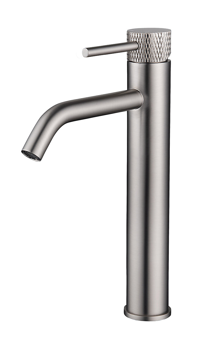 Ribbd XL wastafelkraan hoog met coldstart geborsteld staal PVD