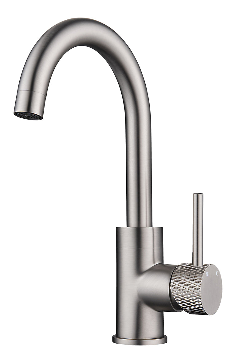 Ribbd wastafelkraan met draaibare uitloop en coldstart geborsteld staal PVD