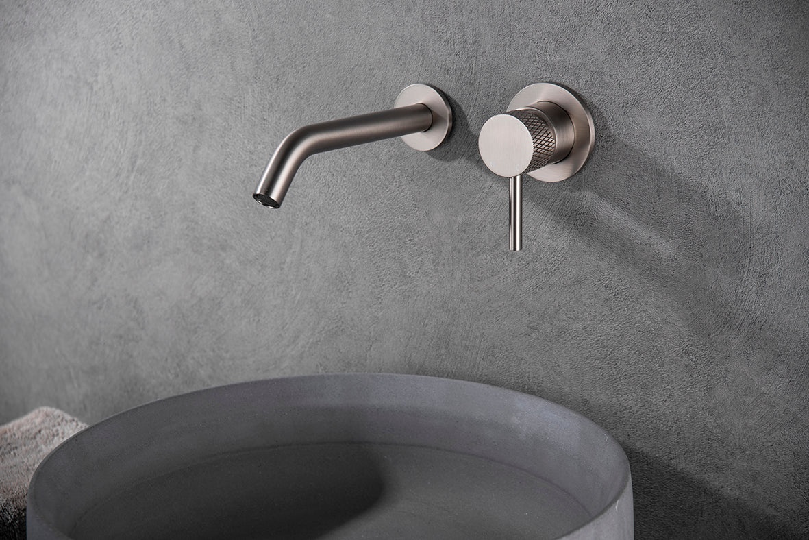 Ribbd eenhendel wastafelkraan met coldstart inbouw compleet geborsteld staal PVD