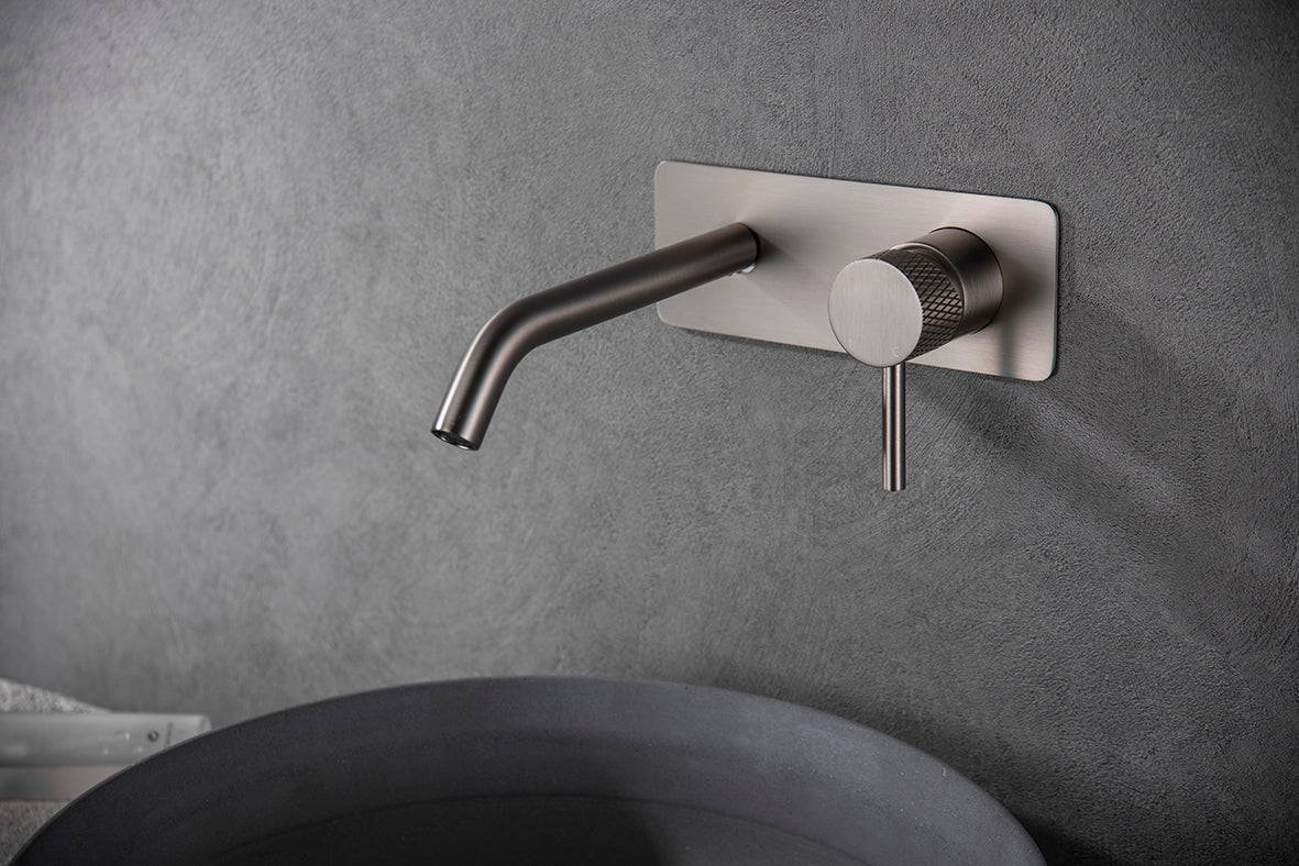 Ribbd eenhendel wastafelkraan met coldstart inbouw compleet geborsteld staal PVD