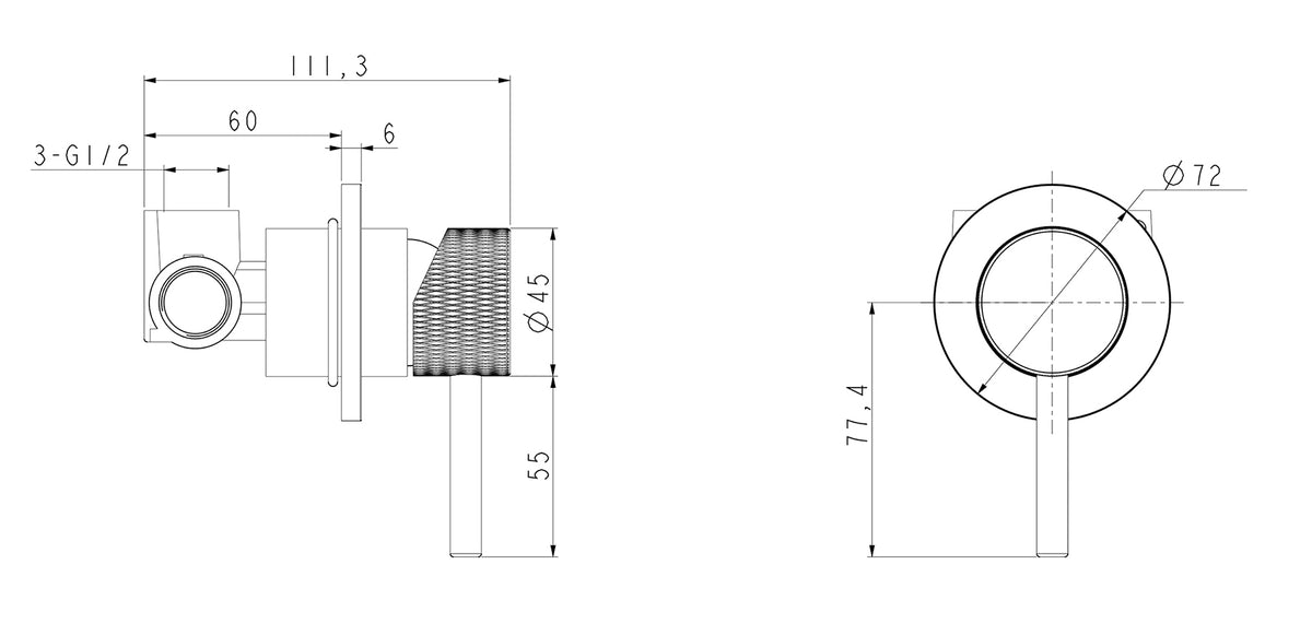 Maattekening Ribbd inbouw douchemengkraan 1 weg Chroom