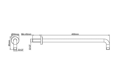 Wiesbaden gebogen douche-arm rond muur. 45cm geborsteld messing - WDtegels