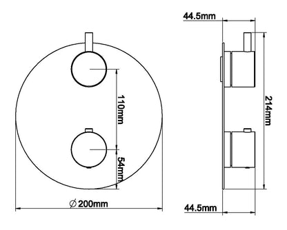 Maattekening Caral afbouwdeel rond inbouwthermostaat 2 weg Gunmetal PVD