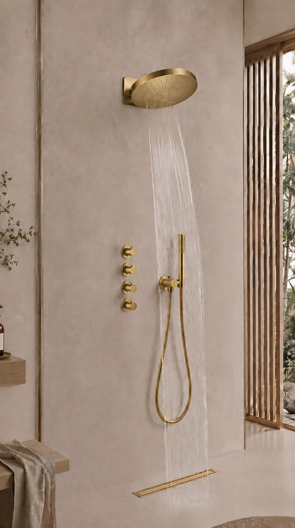 UniMatch Pluuto hoofddouche rond 2 standen met muurbevestiging Geborsteld messing - detailfoto