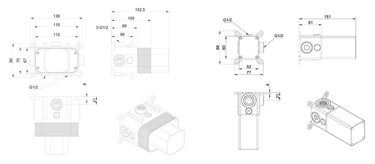 Maattekening Dreams inbouwdeel thermostatische douchekraan met 2 stopkranen Mat zwart