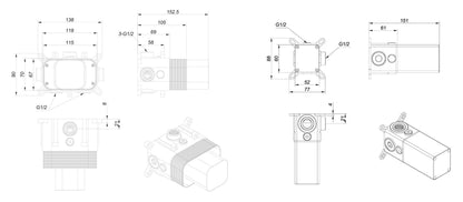 Maattekening Dreams inbouwdeel thermostatische douchekraan met 2 stopkranen Mat zwart