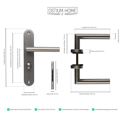 Maattekening van deurklink Torino in gun metal met WC-sluiting 63 mm