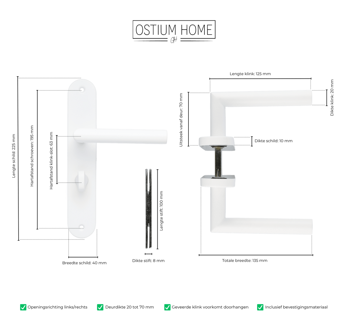 Maattekening van deurklink Lucano in wit met WC-sluiting 63 mm