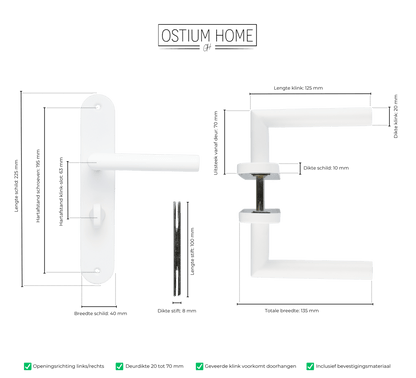 Maattekening van deurklink Lucano in wit met WC-sluiting 63 mm