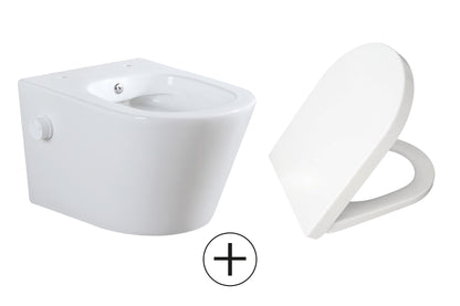 Vesta wandcloset rimless met bidetkraan koud water met Vesta toiletzitting glans wit