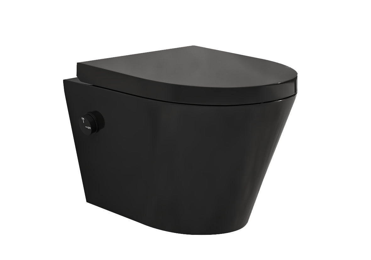 Vesta wandcloset rimless met bidetkraan koud water met Vesta toiletzitting mat zwart - WDtegels