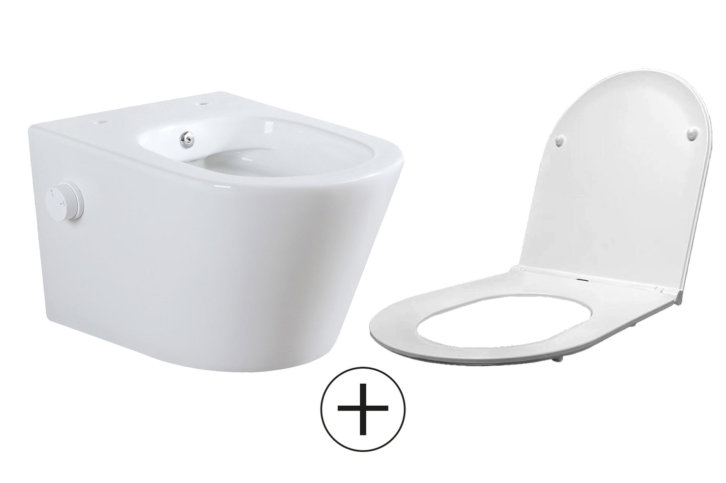 Vesta wandcloset rimless met bidetkraan koud water met Flatline toiletzitting glans wit - WDtegels