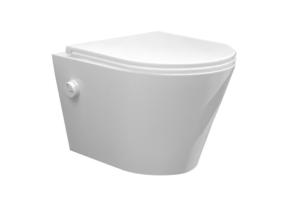 Vesta wall-mounted toilet rimless with bidet tap, cold water, and Flatline toilet seat, gloss white