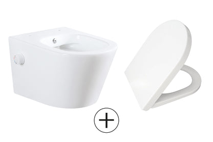 Vesta wandcloset rimless met bidetkraan warm koud water met Vesta toiletzitting glans wit - WDtegels