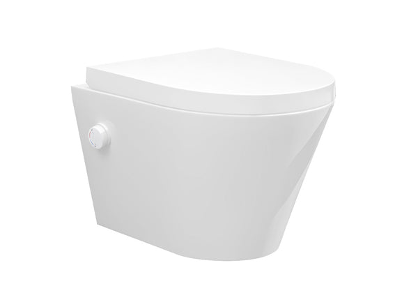 Vesta wall-mounted toilet rimless with bidet tap, hot and cold water, and Vesta toilet seat, gloss white
