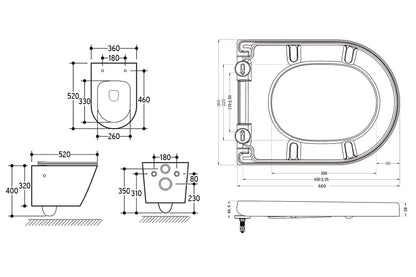 Maattekening Vesta wandcloset rimless met bidetkraan Vesta toiletzitting Warm en koud water Mat wit