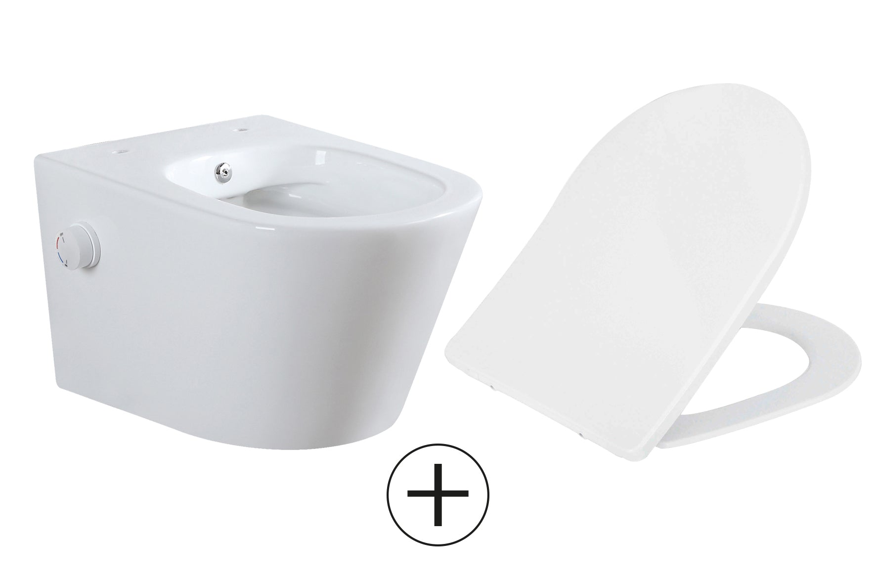 Vesta wandcloset rimless met bidetkraan warm koud water met Shade slim toiletzitting glans wit - WDtegels