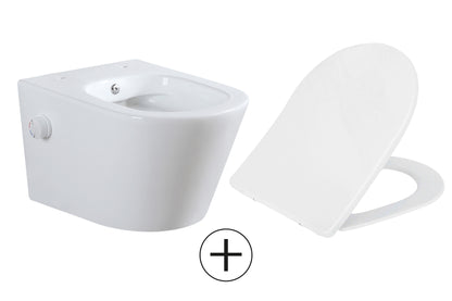 Vesta wandcloset rimless met bidetkraan warm koud water met Shade slim toiletzitting glans wit - WDtegels