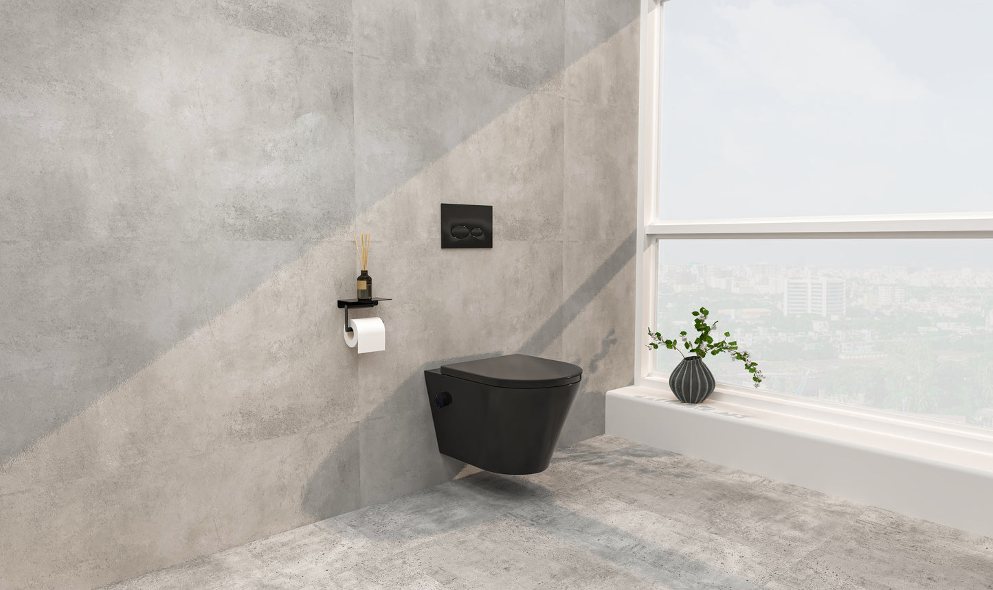 Vesta wandcloset rimless met bidetkraan warm koud water met Shade slim toiletzitting mat zwart - WDtegels