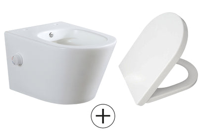 Vesta wandcloset rimless met bidetkraan warm koud water met Shade slim toiletzitting mat wit - WDtegels