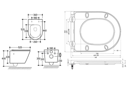 Maattekening Vesta wandcloset rimless met bidetkraan Flatline toiletzitting Warm en koud water Glans wit