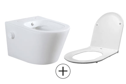 Vesta wandcloset rimless met bidetkraan koud water met Flatline toiletzitting mat wit - WDtegels