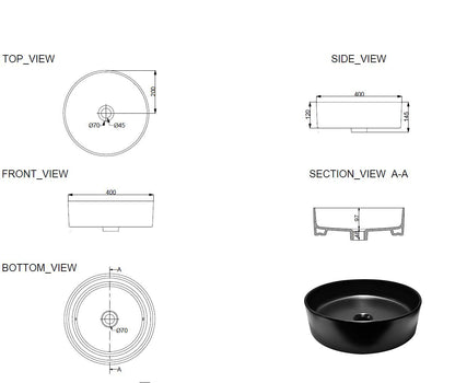 Wiesbaden Link waskom rond 40x12 cm keramiek mat zwart