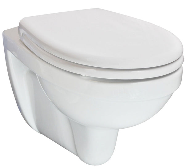 Trevi Wall-hung Short Projection Toilet | Kiwa with Menir Toilet Seat | Soft-close and Quick Release | Gloss White