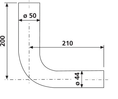 Maattekening Valpijp voor laaghangend reservoir 44/50mm